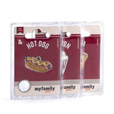Three packaging designs for 'myfamily food' with different food item illustrations on a white background.
