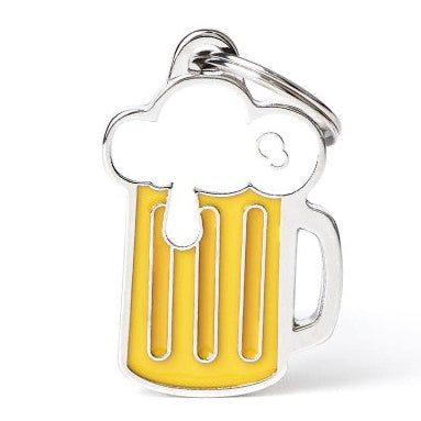 Keychain shaped like a beer mug with a white cap on a white background