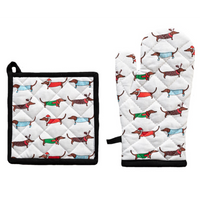 AGA Oven Glove & Pot Holder Set Xmas Dogs